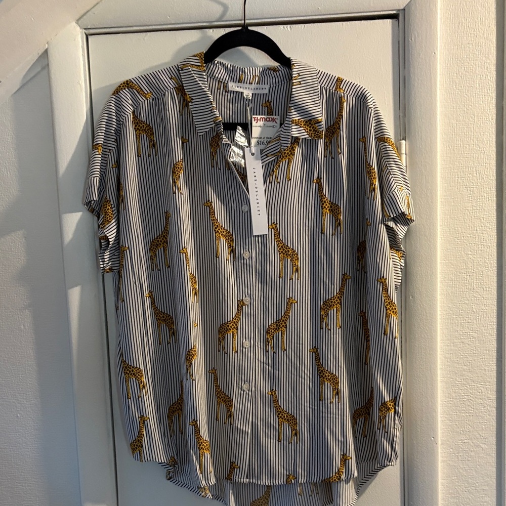 Jane and Delancey Blue Striped Shirt with Giraffe Print